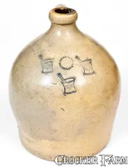 Jacob Caire, Unusual JACOB CAIRE / PO'KEEPSIE, NY Jug w/ Impressed Mortal and Pestle Decoration, circa 1849-1852, Stoneware