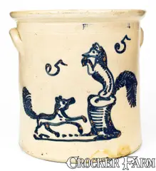 Outstanding HUBBELL & CHEESBRO / GEDDES, NY Crock w/ Dog Chasing Fox by Hubbell & Cheesbro, circa 1870, Stoneware, sold Jul 2019