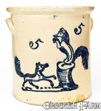 Hubbell & Cheesbro, Outstanding HUBBELL & CHEESBRO / GEDDES, NY Crock w/ Dog Chasing Fox, circa 1870, Stoneware