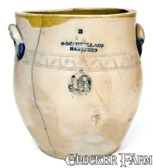 O.S. Cadwell, Very Rare O.S. CADWELL / HARTFORD Stoneware Jar w/ Impressed Eagle and Coggled Designs, circa 1830, Stoneware