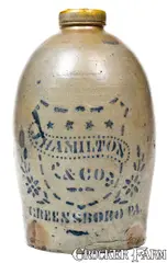J. HAMILTON & CO. / GREENSBORO, PA Stoneware Jug w/ Shield and Stars Decoration by J. Hamilton & Co., circa 1875, Stoneware, sold Jul 2019