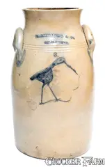 B. Edmands & Co., Outstanding B. EDMANDS & CO. / CHARLESTOWN, MA Churn w/ Incised Spouting Whale and Shorebird, circa 1840, Stoneware