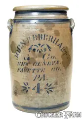 John B. Eberhart & Co., 4 Gal. JOHN B. EBERHART & CO. / NEW GENEVA / FAYETTE CO., PA Stoneware Jar, circa 1875, Stoneware