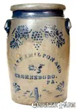 Jas. Hamilton & Co., 4 Gal. JAS. HAMILTON & CO. / GREENSBORO, PA Stoneware Jar with Stenciled Grapes Decoration