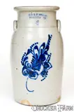 4 Gal. E. & L. P. NORTON / BENNINGTON, VT Stoneware Churn w/ Bold Floral Decoration by E & L P Norton, circa 1870, Stoneware, sold Mar 2019