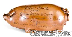 Peter N. Staff, Exceptional Anna Pottery Pig Flask for "Peter N. Staff / Lake Shore Saloon / Terra Haute", circa 1880, Stoneware
