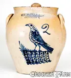 W.H. Farrar & Co., 2 Gal. W. H. FARRAR & CO. / GEDDES, NY Stoneware Lidded Jar w/ Bird Decoration