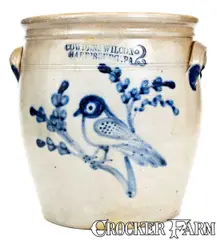 Cowden & Wilcox, Rare COWDEN & WILCOX / HARRISBURG, PA Stoneware Jar w/ Elaborate Bird-on-Branch, circa 1865, Stoneware