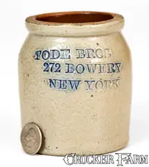 Bowery, Small TODE BROS / 272 BOWERY / NEW YORK Salt-Glazed Stoneware Jar, late 19th century, Salt-glazed stoneware