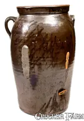 O. HENRY POTTERY / Valdese, N.C. 6 Gal. Stoneware Churn w/ Albany Slip Decoration by O. Henry Pottery, circa 1937-1951, Stoneware, sold Mar 2019