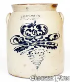 Wm E. Warner, 2 Gal. WM. E. WARNER / WEST TROY Stoneware Jar w/ Slip-Trailed Floral Decoration