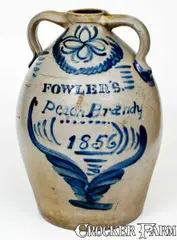 Fowler's, Outstanding Seven-Gallon FOWLER'S. / Peach Brandy / 1856 Double-Handled Jug, 1856, Stoneware