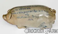Black Hills, Outstanding Anna Pottery Pig Flask w/ "Black Hills / California" Railroad Map Inscription, 1882, Salt-glazed stoneware