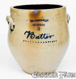 Clark & Fox, Rare CLARK & FOX / ATHENS 3 Gal. Stoneware Jar Inscribed Butter, circa 1835, Stoneware