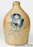 One-Gallon COWDEN & WILCOX / HARRISBURG, PA Stoneware Jug w/ Cobalt Floral Design by Cowden & Wilcox, circa 1865, Stoneware, sold Nov 2018