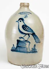 Cowden & Wilcox, Exceptional COWDEN & WILCOX / HARRISBURG, PA Three-Gallon Stoneware Bird Jug, circa 1865, Stoneware