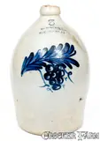 3 Gal. COWDEN & WILCOX / HARRISBURG, PA Stoneware Jug w/ Bold Grapes Decoration by Cowden & Wilcox, circa 1865, Stoneware, sold Nov 2018
