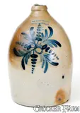4 Gal. COWDEN & WILCOX / HARRISBURG, PA Stoneware Jug w/ Elaborate Floral Decoration by Cowden & Wilcox, circa 1865, Stoneware, sold Nov 2018