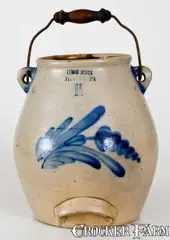 Lewis Jones, Rare LEWIS JONES / PITTSTON, PA Stoneware Batter Pail with Floral Decoration, circa 1890, Stoneware