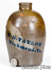 E. B. Taylor, Unusual One-Quart E. B. TAYLOR / Richmond, VA Stoneware Jug, circa 1880, Stoneware