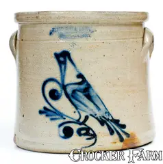 2 Gal. FLACK & VAN ARSDALE / CORNWALL, ONT. Stoneware Crock w/ Bird Decoration by Flack & Van Arsdale, circa 1875, Stoneware, sold Nov 2018