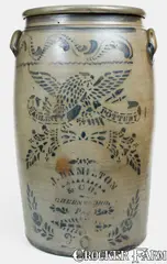 Eagle Pottery, Outstanding 20 Gal. EAGLE POTTERY / J. HAMILTON & CO. / GREENSBORO, PA Stoneware Jar, circa 1875, Stoneware