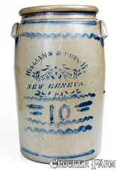 Williams & Couch, Scarce Ten-Gallon WILLIAMS & COUCH. / NEW GENEVA. / PA Stoneware Jar, late 19th century, Stoneware