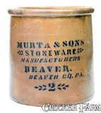Murta & Sons Stoneware, Rare MURTA & SONS / STONEWARE MANUFACTURERS / BEAVER, PA Stoneware Crock, fourth quarter 19th century, Stoneware