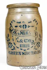J. HAMILTON & CO. / GREENSBORO, PA Cobalt-Decorated Stoneware Jar w/ Shield by J. Hamilton & Co., circa 1875, Stoneware, sold Nov 2018