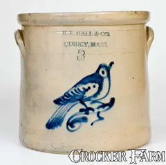 E. E. Hall & Co., 3 Gal. E. E. HALL & CO. / QUINCY, MASS. Stoneware Crock with Bird Decoration, circa 1875, Stoneware