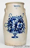 J. & E. Norton, Exceptional J. & E. NORTON / BENNINGTON, VT Churn w/ Elaborate Flowering Urn, circa 1855, Stoneware