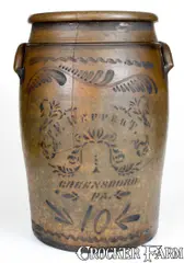 10 Gal. T. F. REPPERT / GREENSBORO, PA Stoneware Jar by T.F. Reppert, circa 1880, Stoneware, sold Nov 2018
