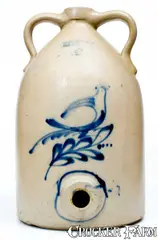 6 Gal. SATTERLEE & MORY / FORT EDWARD, NY Stoneware Jug Cooler w/ Bird Design by Satterlee & Mory, circa 1865, Stoneware, sold Nov 2018