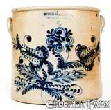 Wm E. Warner, 5 Gal. WM E. WARNER / WEST-TROY Stoneware Crock w/ Elaborate Slip-Trailed Decoration