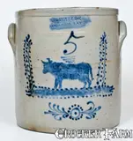 J. C. Waelde, Outstanding 5 Gal. J. C. WAELDE / NORTH BAY Stoneware Crock with Elaborate Cow Decoration