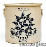 Wm E. Warner, Unusual 4 Gal. WM. E. WARNER / WEST TROY Stoneware Crock w/ Flower Basket