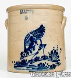 Very Fine J. & E. NORTON / BENNINGTON, VT 5 Gal. Stoneware Pecking Chicken Crock by J. & E. Norton, circa 1855, Stoneware, sold Jul 2018