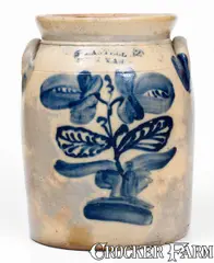 J. MANTELL / PENN YAN, NY Stoneware Jar with Elaborate Floral Decoration by J Mantell, circa 1860, Stoneware, sold Jul 2018