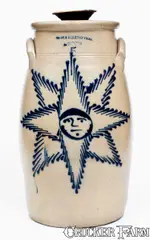 T. Harrington, Exceptional Five-Gallon T. HARRINGTON / LYONS Stoneware Churn w/ Bearded Starface Design, circa 1860, Stoneware