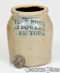 Bowery, Small Salt-Glazed Stoneware Jar, TODE BROS / 272 BOWERY / NEW YORK, circa 1860, Salt-glazed stoneware
