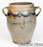 Commeraw's Stoneware, Fine COMMERAWS / STONEWARE Vertical-Handled Jar with Impressed Decoration