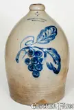 Rare 4 Gal. COWDEN & WILCOX / HARRISBURG, PA Stoneware Jug w/ Bold Grapes Design by Cowden & Wilcox, circa 1865, Stoneware, sold Jul 2018
