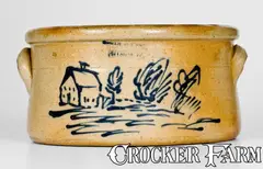 Evan R. Jones, Exceptional EVAN R. JONES / PITTSTON, PA Butter Crock w/ Elaborate House Scene, circa 1875, Stoneware