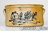 Evan R. Jones, Exceptional EVAN R. JONES / PITTSTON, PA Butter Crock w/ Elaborate House Scene, circa 1875, Stoneware