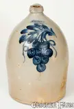 Fine 3 Gal. COWDEN & WILCOX / HARRISBURG, PA Stoneware Jug w/ Bold Grapes Design by Cowden & Wilcox, circa 1865, Stoneware, sold Jul 2018