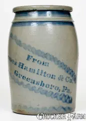 From James Hamilton & Co., 1 Gal. "From James Hamilton & Co. / Greensboro, Pa." Stenciled Stoneware Jar, circa 1870, Stoneware