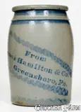 From James Hamilton & Co., 1 Gal. "From James Hamilton & Co. / Greensboro, Pa." Stenciled Stoneware Jar, circa 1870, Stoneware