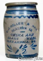 Fine 1 1/2 Gal. E. J. MILLER & SON / ALEXANDRIA, VA Western PA Stenciled Stoneware Jar by E. J. Miller & Son, circa 1875, Stoneware, sold Jul 2018