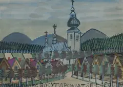 Nikifor Krynicki, PEJZAŻ Z KOŚCIOŁEM, lata 60. XX w., akwarela, gwasz, karton