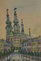 Nikifor Krynicki, WIDOK KRAKOWA, koniec lat 50. XX w., ołówek, akwarela, gwasz, papier naklejony na karton